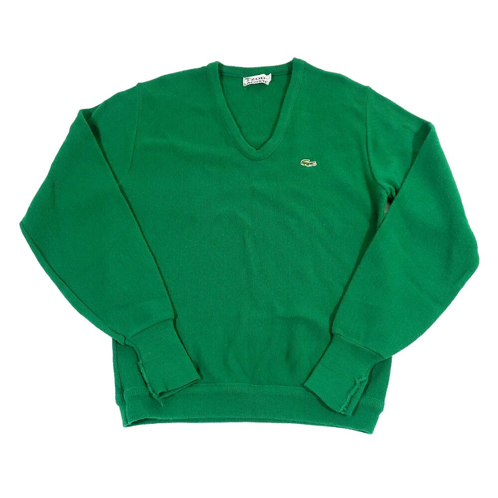 Vtg Izod Lacoste Alligator Acrylic Sweater L kelly Green VNeck Ribbed 70s tennis